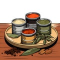 Set of four vintage spice tins on a wooden table, simple flat coloured illustration.