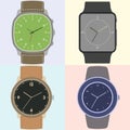 Set of four watches. Clock face with hour, minute and second hands