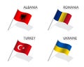 Set of four waving flag of Albania, Romania, Turkey and Ukraine. Simple symbols with flags