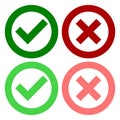 A set of four web buttons, green check mark and red cross in two variants Royalty Free Stock Photo