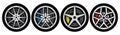 A set of four wheels with different rims in minimalist style. Template for design. Color vector illustration