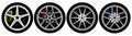 A set of four wheels with different rims. Template for design. Color vector illustration