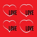 Set of four white hearts outline on a red background