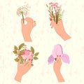 Set of four women hand are hold flowers bouquet with dandelion, lilac iris, rose, berry bunch, leaf branch.