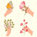 Set of four women hand are hold flowers bouquet with fern, rose, dandelion, lilac
