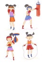 Set of four young woman or girls boxing and skipping over a rope with one in the defensive pose, one punching a bag and Royalty Free Stock Photo