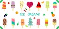 A set of fourteen cute kawaii character smile ice cream, with fruit and chocolate flavor on a stick, juicy fruits and