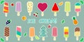 A set of fourteen stickers of various sweet ice cream, with fruit and chocolate flavor on a stick, juicy fruits and