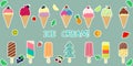 A set of fourteen stickers of various sweet ice cream, in a waffle cup and on a stick, juicy fruits and berries in a