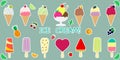 A set of fourteen stickers of various sweet ice cream, in a waffle cup and on a stick, juicy fruits and berries in a