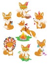 Set of foxes of Indians. Collection of little cute foxes in Indian costumes. Colorful vector illustration for children.