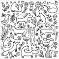Set of foxes with rabbit, ferret, bird hedgehog, mushrooms, leaves, flowers and branches. Black and