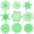 Set of fractals and elements of rotation and torsion in shades of green colors