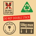 Set of fragile sticker handle with care and case icon packaging symbols sign, do not step on, glass rubber stamp on cardboard back Royalty Free Stock Photo