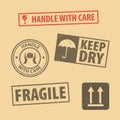 Set of fragile sticker handle with care and case icon packaging symbols sign, keep dry, do not litter and this side up rubber stam Royalty Free Stock Photo