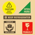 Set of fragile sticker keep refrigerated and case icon packaging symbols sign, open here and caution heavy package