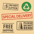 Set of fragile sticker special delivery and case icon packaging symbols sign, do not bend rubber stamp on cardboard background, ve Royalty Free Stock Photo