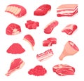 Set fragments of pork, beef meat. Assortment of meat slices. Royalty Free Stock Photo