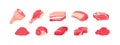 Set fragments of pork, beef meat. Assortment of meat slices