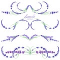A set with the frame borders, floral decorative ornaments with the watercolor lavender flowers for a wedding or other decoration Royalty Free Stock Photo
