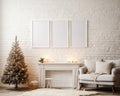 Set of 3 frame mock-ups, 3 white hollow stylish frame mock-ups on the wall in the living room, 3d render, for wall art Royalty Free Stock Photo