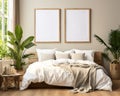 Set of 2 frame mockup, bedroom mockup, wooden bed in the background, poster frame mockup