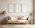 Set of 3 frame mockup on the living room wall, brown frames, wooden decor, 3D model. Royalty Free Stock Photo