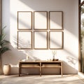 Set of 6 frame mockups, boho interior design living room, mockups for picture gallery, 3d render, minimalist frames