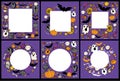 A set of frames for Halloween. Vector collection of templates from flat ghosts, candies,pumpkins, bats on a purple background with Royalty Free Stock Photo