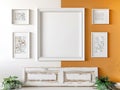 Set of 5 frames on the wall. Two-tone background. 3d illustration