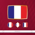 Set of France flags with gold frame for use at sporting events on a burgundy abstract background