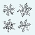 Set of 4 hand drawing Snowflakes element. Transporent with black contur