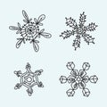 Set of 4 hand drawing Snowflakes element. Transporent with black contur