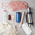 Set for free plastic shopping and packaging - cotton bags and glass gar, paper, steelness bottle. Zero waste modern trendy concept Royalty Free Stock Photo