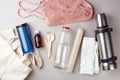 Set for free plastic shopping and packaging - cotton bags and glass gar, paper, steelness bottle. Zero waste modern trendy concept Royalty Free Stock Photo