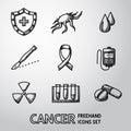 Set of freehand Cancer icons with - shield, cell Royalty Free Stock Photo