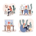 Set of freelance workers. Young women working at home flat illustration