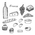 Set of French cuisine, wine and traditional snacks, vector illustration, hand drawing