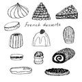 Set of French desserts, vector illustration, meringue, croquembouche, grillage, calisson, blancmange, Madeleine cookies, macaroon