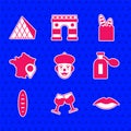 Set French mime, Wine glass, Smiling lips, Perfume, baguette bread, Map of France, and Louvre pyramid icon. Vector