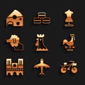 Set French rooster, Plane, Bicycle, Rooster weather vane, Notre Dame, Poodle dog, Mannequin and Cheese icon. Vector