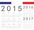 Set of french 2015, 2016, 2017 year vector calendars