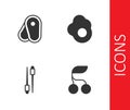 Set Fresh berries, Steak meat, Food chopsticks and Scrambled egg icon. Vector Royalty Free Stock Photo