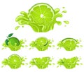 Set of fresh bright lime juice splash burst isolated on white background. Summer fruit juice. Cartoon style. Vector illustration Royalty Free Stock Photo