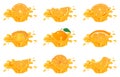 Set of fresh bright orange, mandarin or tagerine juice splash burst isolated on white background. Summer fruit juice. Cartoon Royalty Free Stock Photo