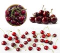 Set of fresh cherries. Fresh red cherries lay on white isolated background with copy space. Cherries in a bowl. Background of cher Royalty Free Stock Photo