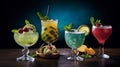 Set of fresh colorful alcoholic cocktails, dark background. Delicious summer drinks, hot summer holidays. Generative AI Royalty Free Stock Photo