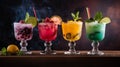 Set of fresh colorful alcoholic cocktails, dark background. Delicious summer drinks, hot summer holidays. Generative AI Royalty Free Stock Photo