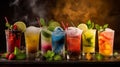 Set of fresh colorful alcoholic cocktails, dark background. Delicious summer drinks, hot summer holidays. Generative AI Royalty Free Stock Photo