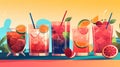 Set of fresh colorful alcoholic cocktails, delicious cold refreshment drinks, summer holiday. Generative AI illustration Royalty Free Stock Photo